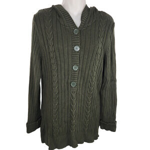 Relativity Womens Hooded Sweater Button Ribbed Cable Chunky Knit Green Large